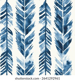 Painting with blue feathers, a vertical striped pattern, and a white background.  grunge lines ikat pattern, striped seamless pattern, Vector illustration background for print the paper.