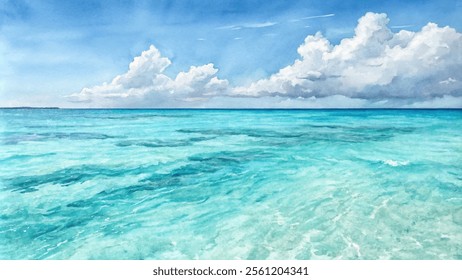 A painting of a blue ocean with a cloudy sky. The mood of the painting is calm and peaceful