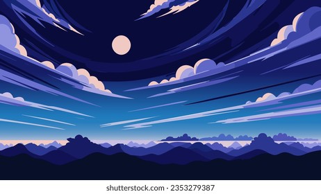 Painting of a blue sky with clouds and a moon in the distance with a blue sky with clouds and a blue sky with a white moon, night sky, vector art, space art. Cartoon anime background.