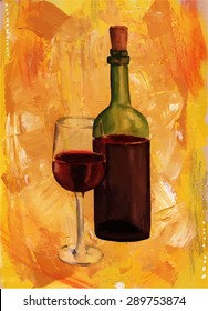 A painting of a bottle and a glass of red wine on an artistic golden background, scalable vector graphic