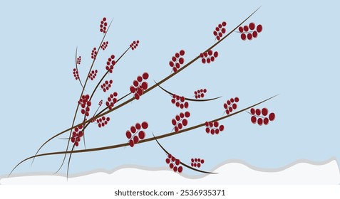 Painting of branch with red berries. Cowberry. Snow, winter berries.