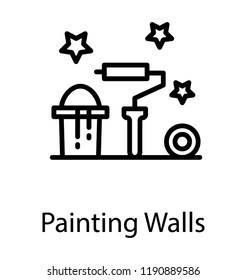 Painting brush and bucket along wall showing painting wall 