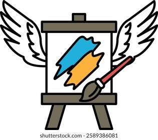 A painting with a brush and a canvas with wings on it. The wings are blue and orange