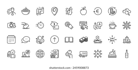 Painting brush, Framework and Swipe up line icons pack. AI, Question and Answer, Map pin icons. Calendar, Transport insurance, Dots message web icon. Vector