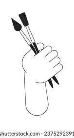 Painting brush in hand flat monochrome isolated vector hand. Creative hobby equipment. Painting tools. Editable black and white line art drawing. Simple outline spot illustration for web design