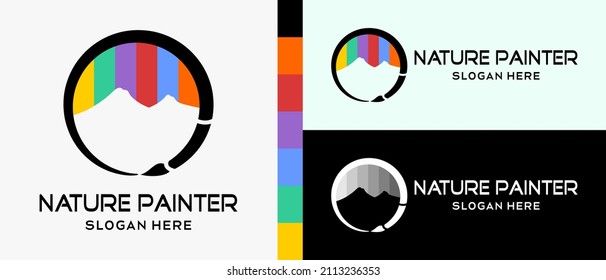 Painting Brush Logo Design Template And Mountain Icon With Creative Concept Of Rainbow Colors In A Circle. Premium Vector Logo Illustration