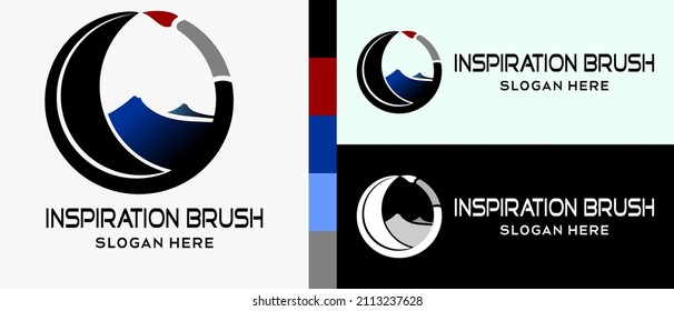 Plantilla de diseño del logo del pincel de pintura, luna creciente e icono de montaña con concepto creativo en círculo. ilustración de logotipo de vector premium
