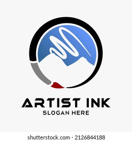 Painting Brush Logo Design Template With Mountain Icon In Creative Concept. Premium Vector Logo Illustration