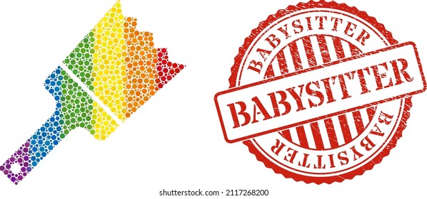 Painting brush mosaic icon of round dots in different sizes and rainbow color tints. Red round grunge seal stamp with Babysitter phrase. A dotted LGBT- colored painting brush for lesbians, gays,