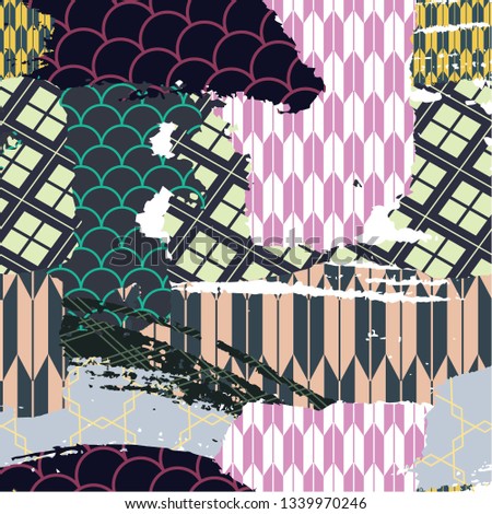 Painting brush pattern vector in Japanese style. Colorful vintage abstract background.