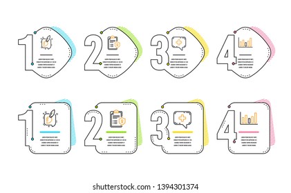 Painting brush, Privacy policy and Medical chat icons simple set. Column chart sign. Graphic art, Checklist, Medicine help. Financial graph. Business set. Infographic timeline. Vector
