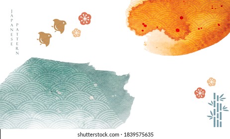 Painting brush stroke with Japanese icons vector. Abstract background with birds, cherry blossom flower and bamboo elements.