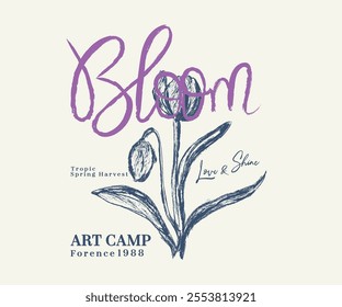 painting brush texture flower art, art camp poster design, tulip flower and leaf vector sketch, art workshop artwork for, t shirt, poster, graphic print 