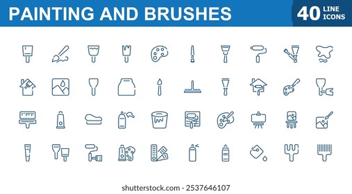 Painting and brushes icon pack. Featuring brush, paint, tubes, creative, drawing, palette and more. Minimalist thin linear icon. Editable stroke.