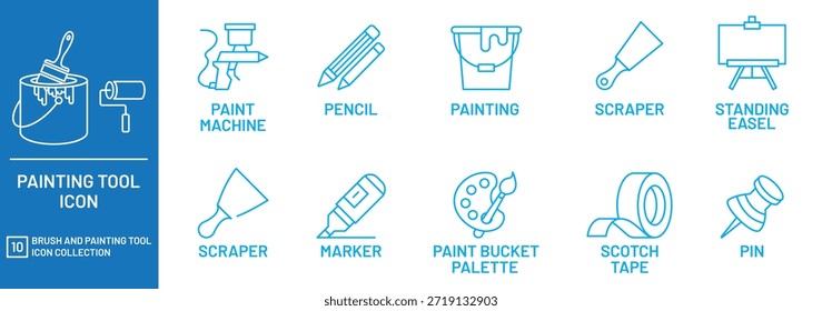 Pacote de ícones de pintura e pincéis. Apresentando pincel, tinta, tubos, criativo, desenho, paleta e muito mais. Ícone linear fino minimalista. Traçado editável.