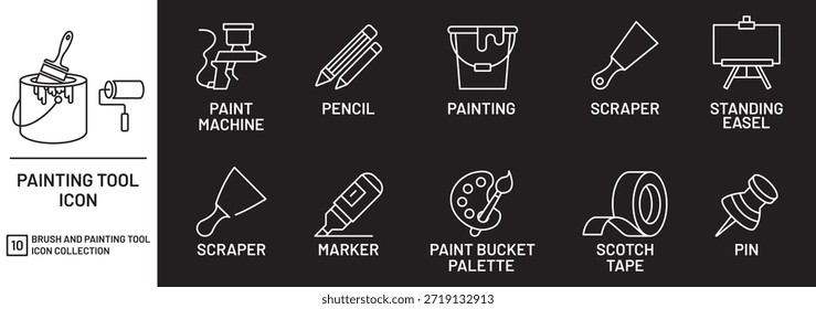 Pacote de ícones de pintura e pincéis. Apresentando pincel, tinta, tubos, criativo, desenho, paleta e muito mais. Ícone linear fino minimalista. Traçado editável.