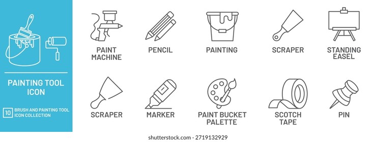Pacote de ícones de pintura e pincéis. Apresentando pincel, tinta, tubos, criativo, desenho, paleta e muito mais. Ícone linear fino minimalista. Traçado editável.