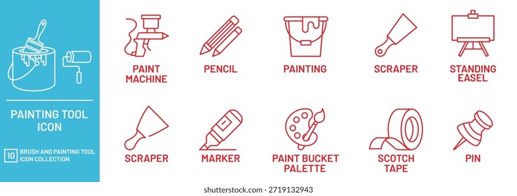 Pacote de ícones de pintura e pincéis. Apresentando pincel, tinta, tubos, criativo, desenho, paleta e muito mais. Ícone linear fino minimalista. Traçado editável.