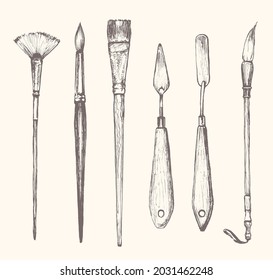 painting brushes set, palette knives sketch drawing on white. arts and creativity objects set 