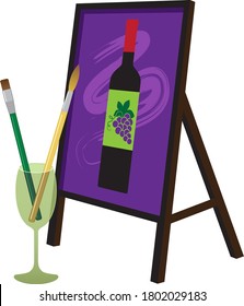 Painting Brushes In A Wine Glass And A Painting Of A Wine Bottle On An Easel Representing A Paint And Sip Party, EPS 8 Vector Illustration