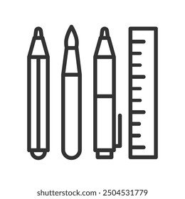 Painting brush,pen,ruler and pencil line icon.Simple Stationery pictogram.Drawing symbol. Write sign,Editable stroke.Transparent background.Vector illustration EPS10.