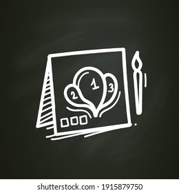 Painting by numbers chalk icon. Pattern with numbers and interesting picture. Paper and brush for creating masterpieces. Inspiration concept. Isolated vector illustration on chalkboard