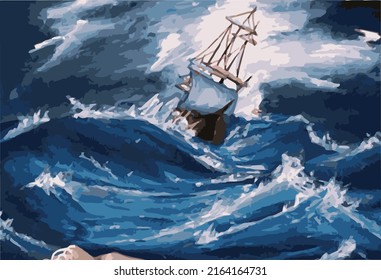 Painting by numbers on a marine theme. Raging sea with a ship