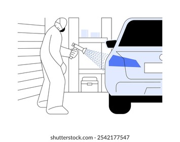 Painting car isolated cartoon vector illustrations. Repairman painting car with special sprayer in garage, automotive maintenance and fixing hobby, vehicle industry lover vector cartoon.