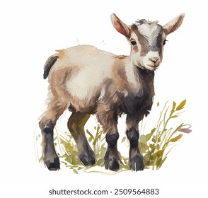 Painting of charming baby goat standing in a lush patch of green grass, innocent expression and playful demeanor. Vector design of small baby goat as it stands gracefully on the lush green grass