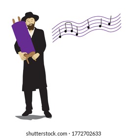 A painting of a chassid - Jew, torah observant, dancing and holding a Torah scroll.
Vector of a Jewish holiday.