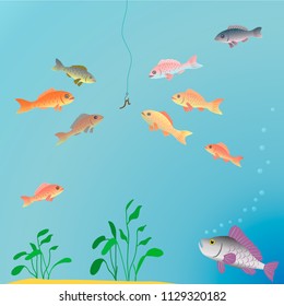 Painting for children. Animated fish in water and bait on the hook.