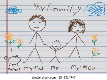 Painting of children to give they family from school homework. Kid's Drawing style with color pencil including father mother child and pet with many flowers and clouds.