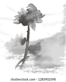 Painting of a chrysanthemum on the atmospheric background in the Chinese style, made with ink.