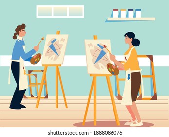painting class, women with canvas paint abstract picture in studio