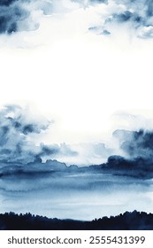 A painting of a cloudy sky with a blue background. The sky is filled with clouds, and the painting has a moody and serene atmosphere