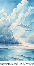 A painting of a cloudy sky with a calm ocean in the background. The mood of the painting is serene and peaceful