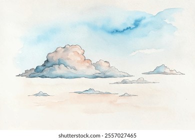 A painting of a cloudy sky with a few clouds in the foreground. The sky is blue and the clouds are white. The painting has a peaceful and calming mood