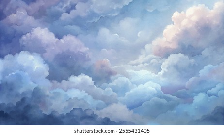 A painting of a cloudy sky with a light blue hue. The sky is filled with clouds, and the painting has a serene and peaceful mood