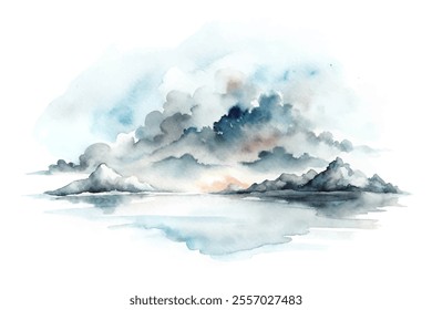 A painting of a cloudy sky with mountains in the background. The sky is filled with clouds, and the mountains are in the distance. The painting evokes a sense of calm and tranquility