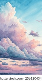 A painting of a cloudy sky with a pink and purple hue. The sky is filled with clouds, and the sun is shining through them, creating a beautiful and serene atmosphere