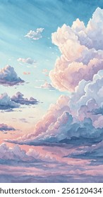 A painting of a cloudy sky with a pink and purple hue. The sky is filled with clouds, and the colors are vibrant and bright. The painting evokes a sense of calm and tranquility