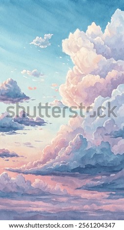 A painting of a cloudy sky with a pink and purple hue. The sky is filled with clouds, and the colors are vibrant and bright. The painting evokes a sense of calm and tranquility