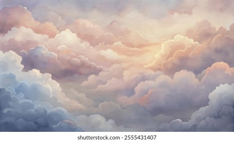 A painting of a cloudy sky with a sun peeking through the clouds. The sky is filled with fluffy white clouds and the sun is shining brightly, creating a warm and peaceful atmosphere