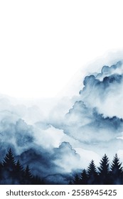 A painting of a cloudy sky with trees in the background. The sky is filled with clouds, and the trees are scattered throughout the scene. The mood of the painting is calm and peaceful