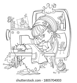 Painting for coloring in cartoon comic style, little girl sitting and sewing on a sewing machine, funny kitten playing with a ball of thread