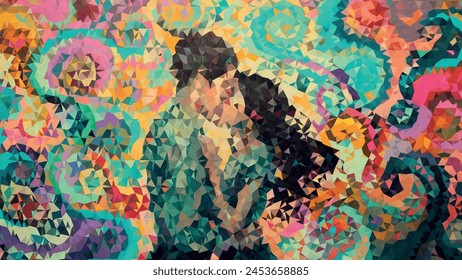 A painting of a couple embracing with a colorful background. The painting is abstract and has a lot of different colors