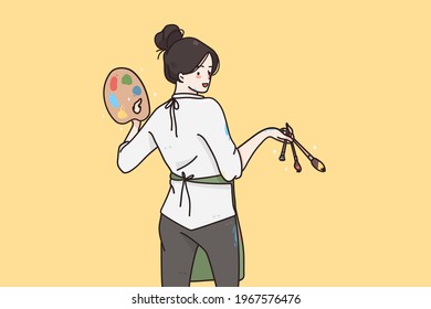 Painting and creative hobbies concept. Young smiling woman cartoon character painter standing backwards holding colors and brush for drawing in hands vector illustration 