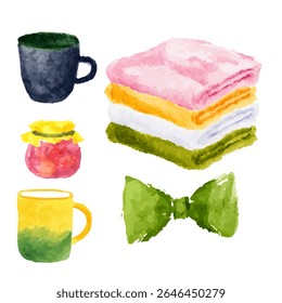 uma pintura de uma xícara, caneca, guardanapo e outros itens
