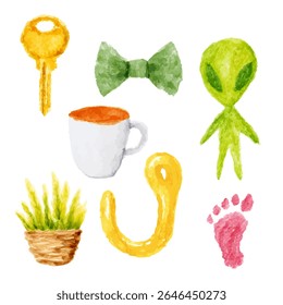 a painting of a cup, a plant, a key, and a cup of coffee
