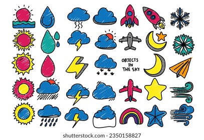 Painting of Cute doodle set of objects in the sky , line fairy tale, star,cloud,moon,snow,rain,rainbow,sun,plane,thunder,rocket